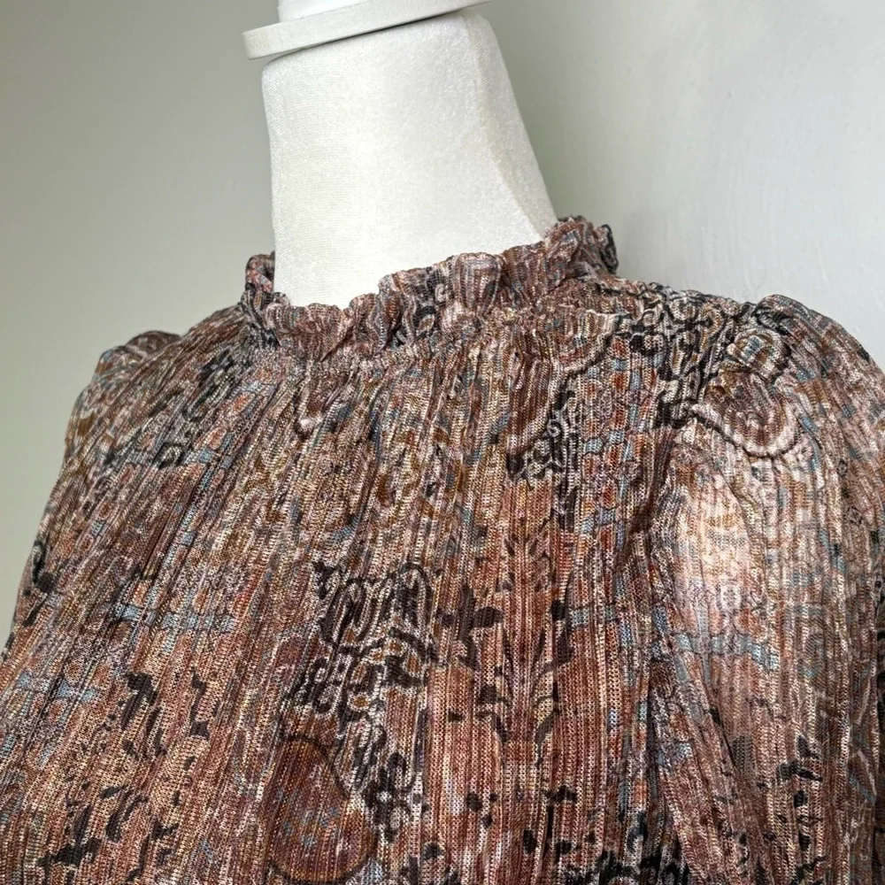 JOIE Semi Sheer Sheer Metallic Long-Sleeve Blouse Smocked Waist Ruffle Neck S - Picture 8 of 15